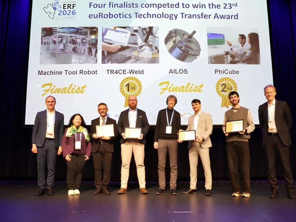 The four finalists on stage at the euRobotics Technology Transfer Award.