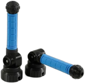 Dos empuñaduras FlexiLever, mangos azules sobre soportes articulados negros, una recta y otra inclinada.