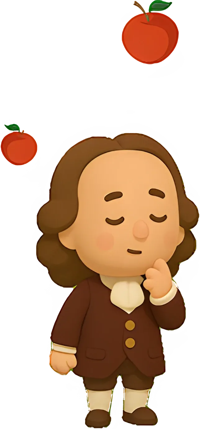 Isaac Newton, in Gedanken versunken, während zwei Äpfel herabfallen.
