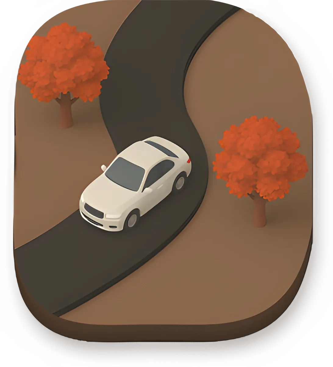Ein weißes Auto auf einer kurvigen Straße im Herbst.