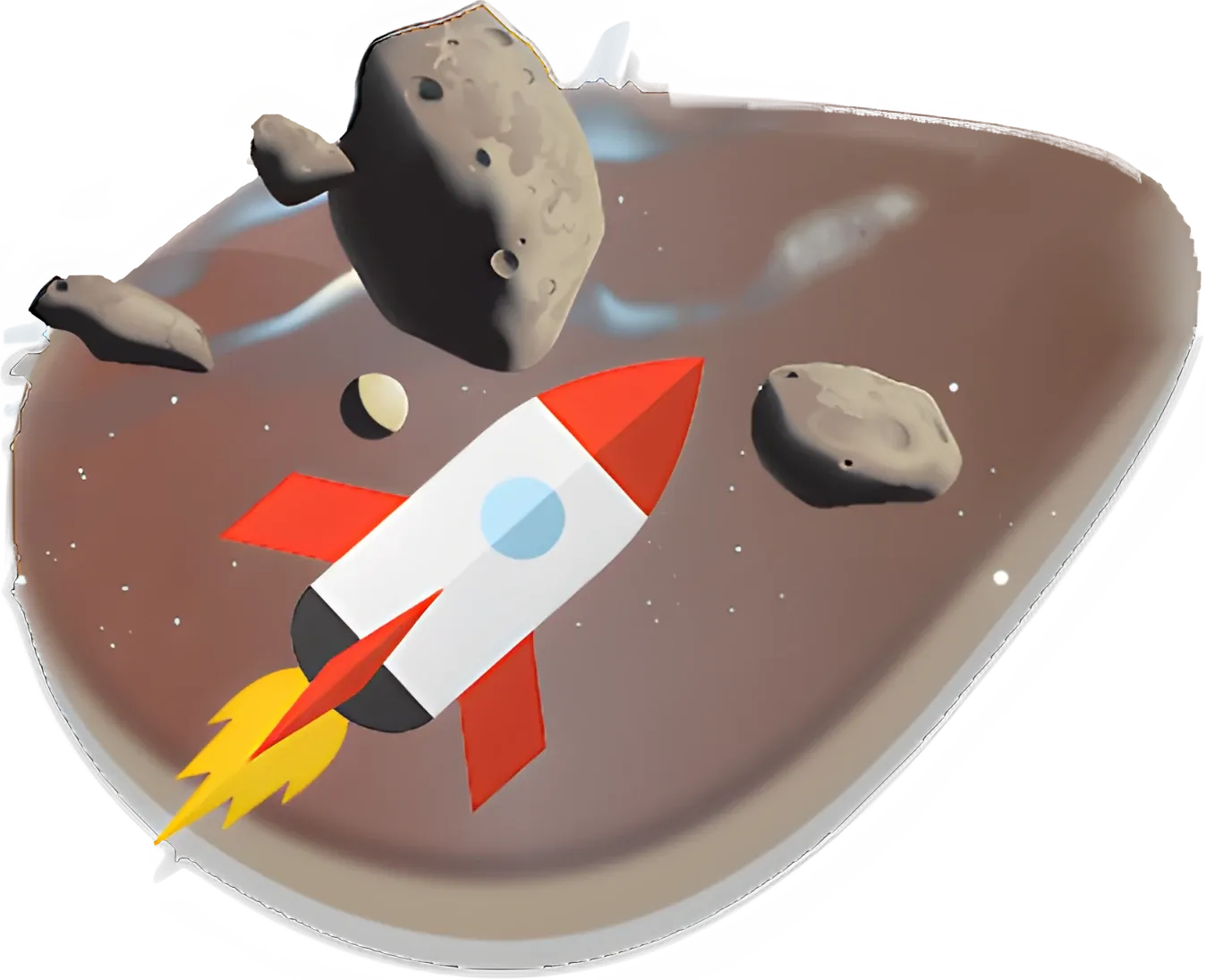 Eine Rakete zwischen Asteroiden über dem Mars.