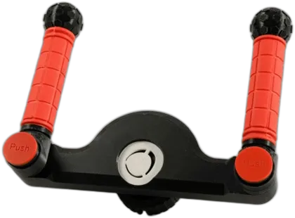 La empuñadura Wheel: una barra negra con un mango rojo en cada extremo.