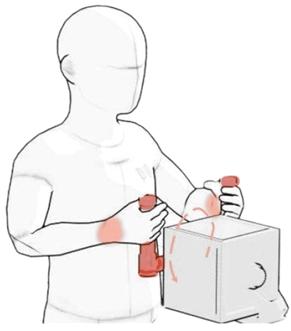Dibujo de una persona que sujeta los dos mangos rojos y hace girar la barra en el lateral de la unidad, con las muñecas resaltadas.