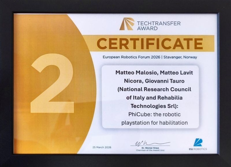 El certificado concedido a Matteo Malosio, Matteo Lavit Nicora y Giovanni Tauro por el segundo puesto de PhiCube en el euRobotics Technology Transfer Award, European Robotics Forum 2026, Stavanger.