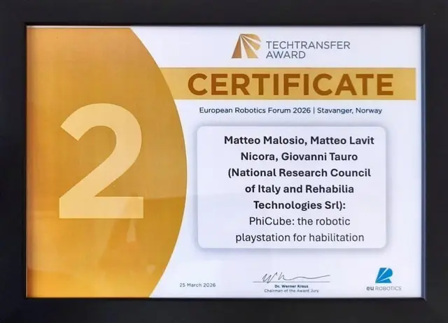 The certificate awarded to Matteo Malosio, Matteo Lavit Nicora and Giovanni Tauro for PhiCube's second place at the euRobotics Technology Transfer Award, European Robotics Forum 2026, Stavanger.